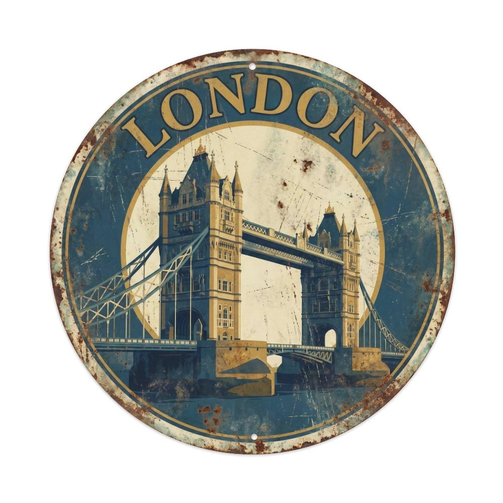 Vintage Travel Tower Bridge London 1 Metal Tin Sign Plaque Wall Decor for Cafe, Club, Garden Round Metal Poster 8x8Inch