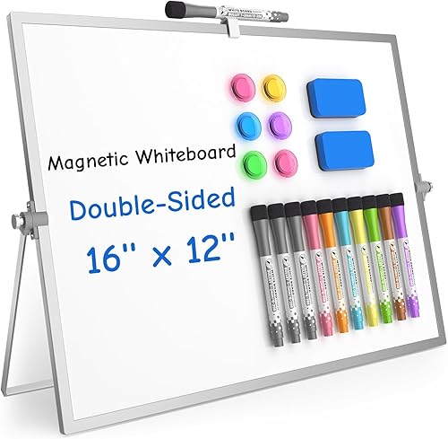 Grtard Pizarra blanca magnética de borrado en seco, pizarra blanca de escritorio de doble cara de 16 x 12 pulgadas con soporte, juego de pizarra