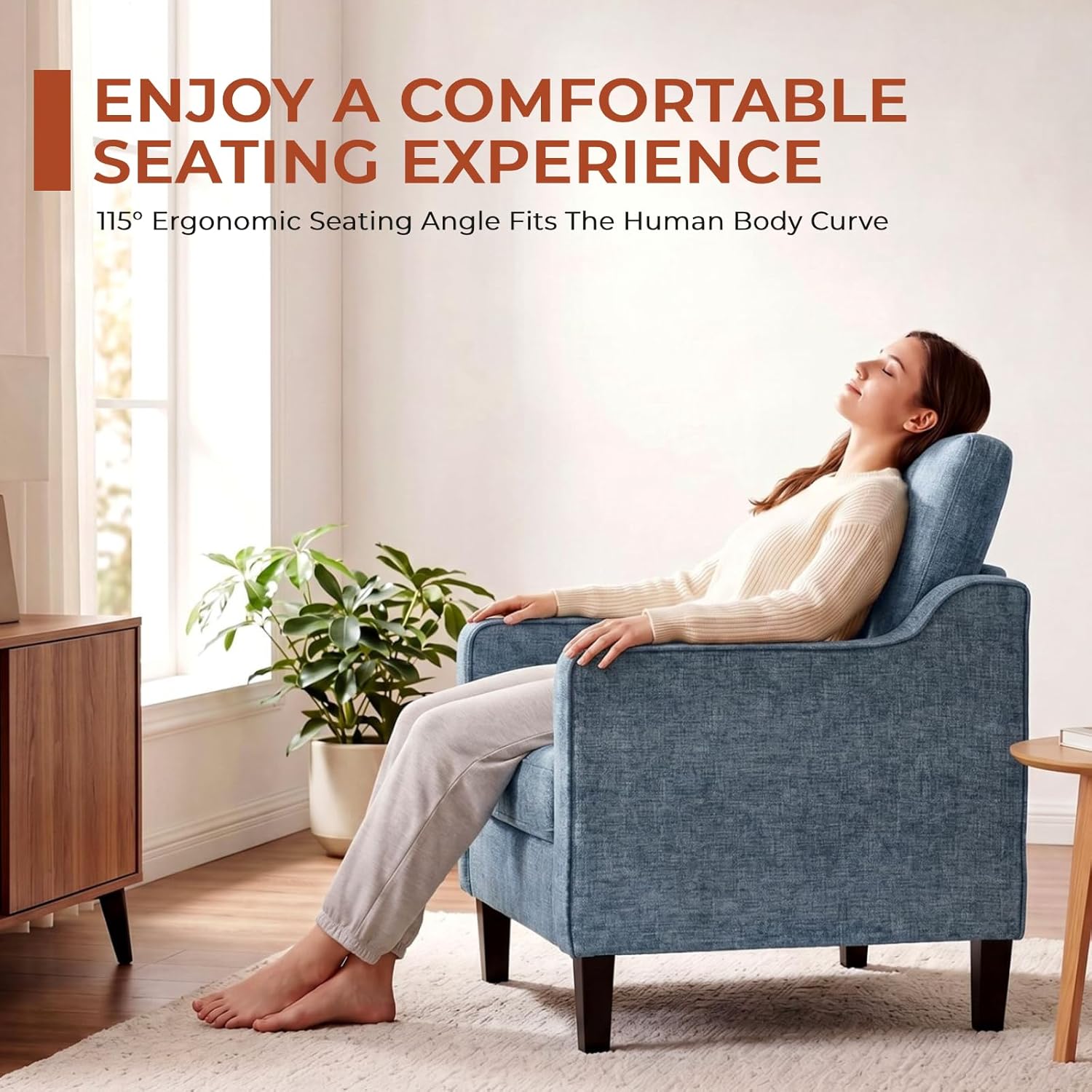 TLSUNNY Mid-Century Accent Chair, Modern Upholstered Chenille Armchair & Padded Reading Chair, Removable Cover & Wood Legs Living Room Chair, Single Sofa for Bedroom/Office/Apartment (1, Blue)