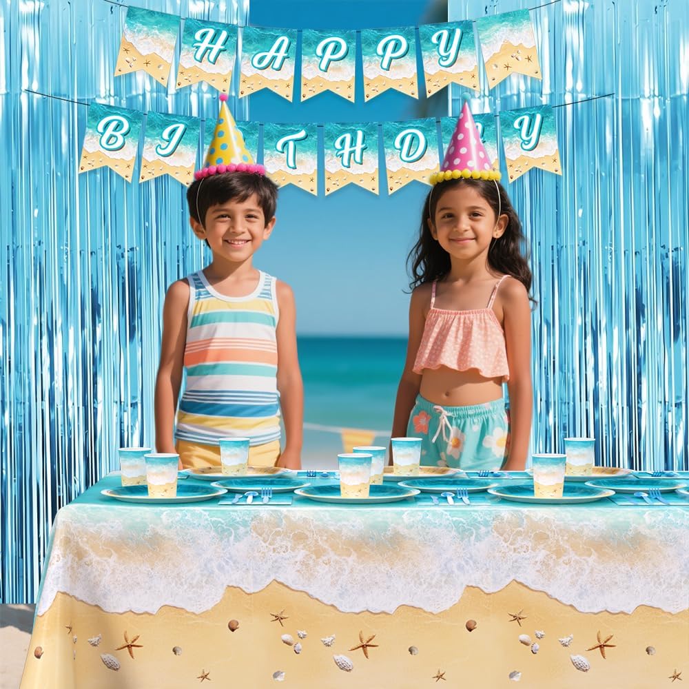 196Pcs Beach Birthday Party Decorations, Ocean Waves Happy Birthday Party Supplies Tableware Set Summer Pool Party Plates, Cups, Napkins, Banner, Tablecloth for Hawaiian Bday Party