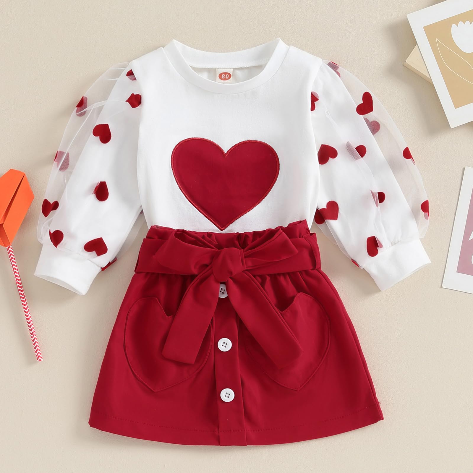 ensswliz Toddler Baby Girl Outfits Tulle Long Sleeve Heart Printed Shirts with A-Line Skirt 2Pcs Set (Ivory White, 18-24 Months)