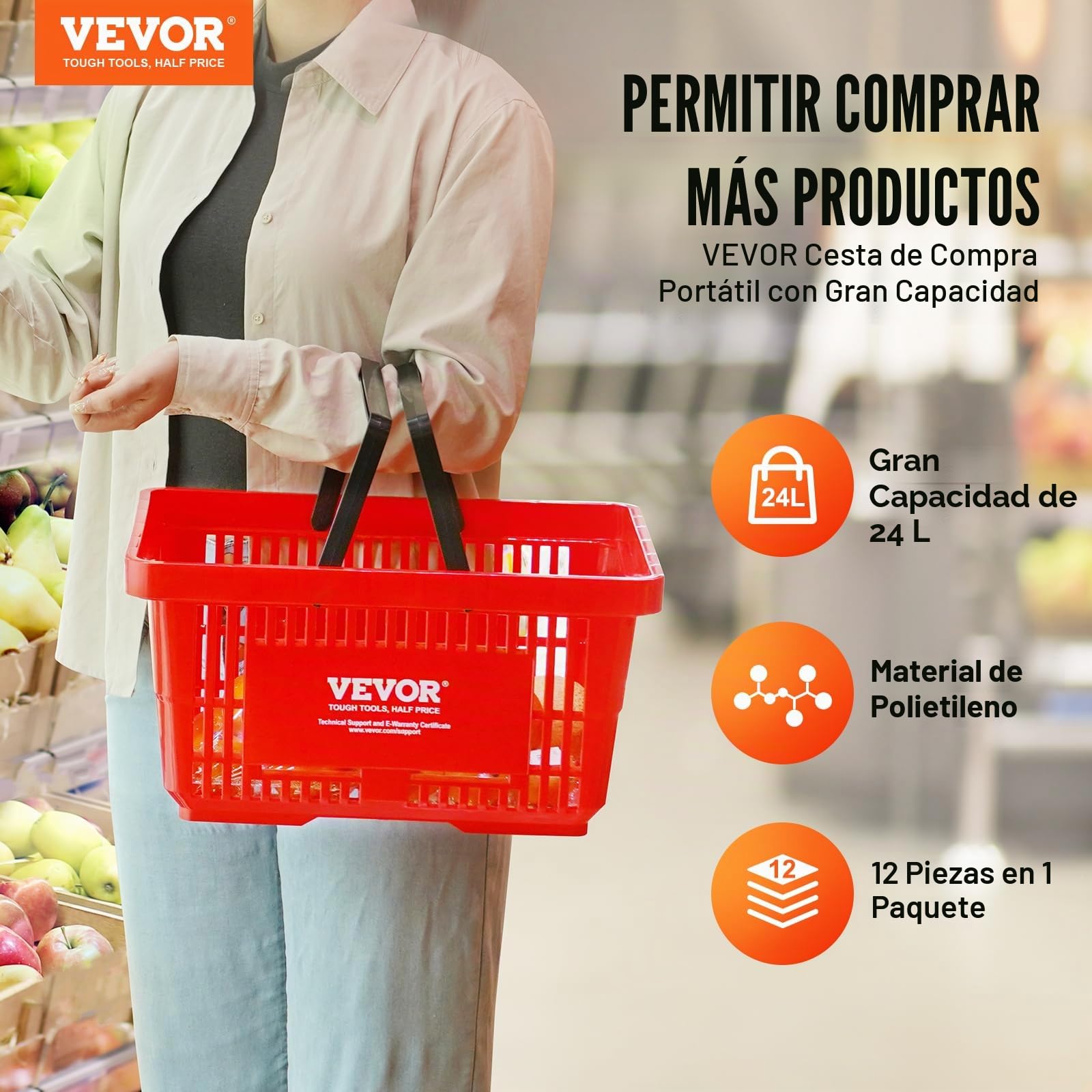 VEVOR Cesta Roja de la Compra con Asas y Soporte, 12 Piezas, 24 L, Cesta Portátil de la Compra de Plástico Duradero de 425 x 295 x 225 mm, para la Compra de Comestibles en el Supermercado, Tienda
