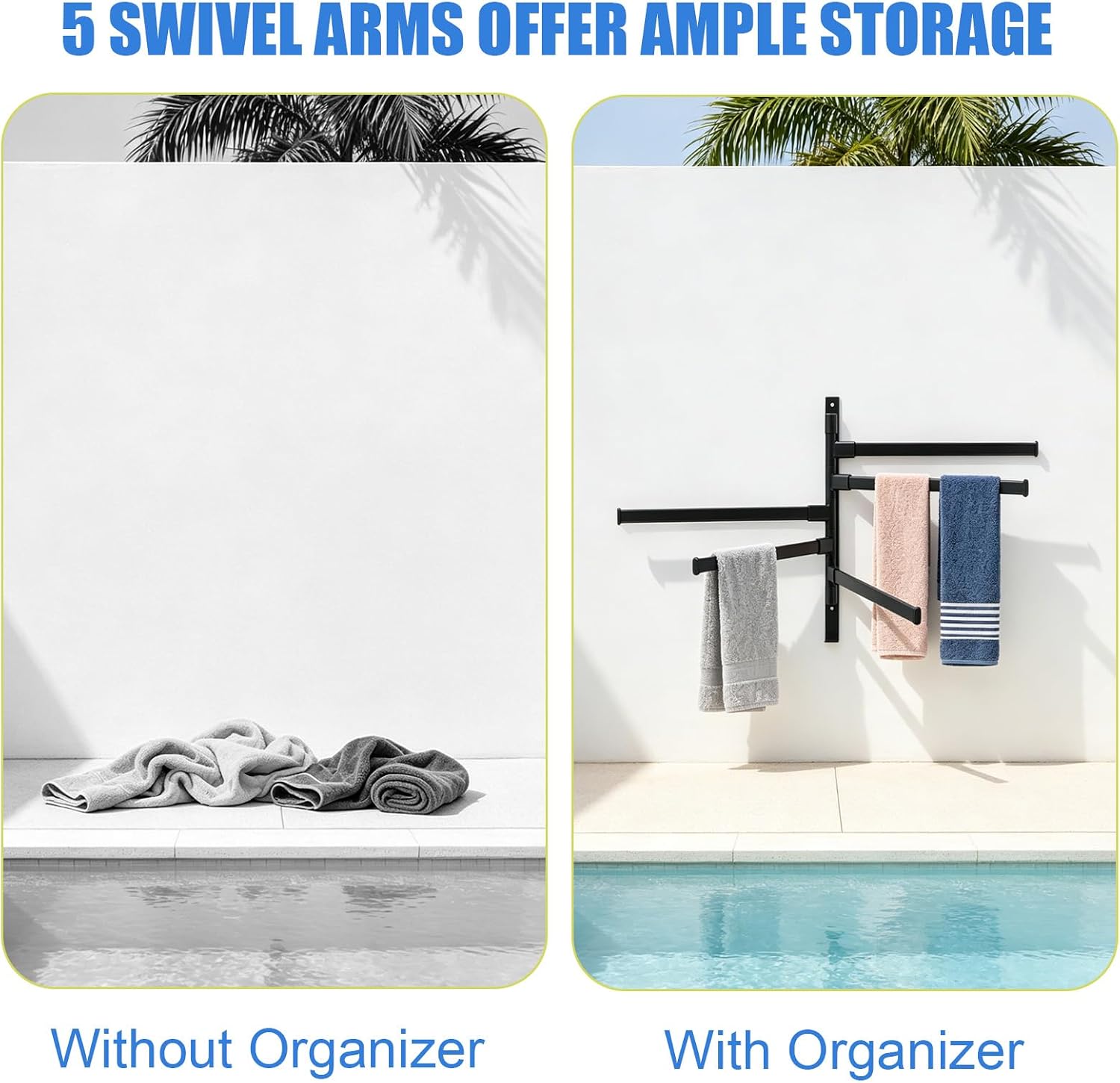 Rotating Outdoor Pool Towel Rack, 5 Bars Swivel Swing Out Towel Rack with Hook Black Wall Mounted Metal Towel Holder Space Saving Metal Pool Accessories for Pool, Hot Tub, Shower, Balcony