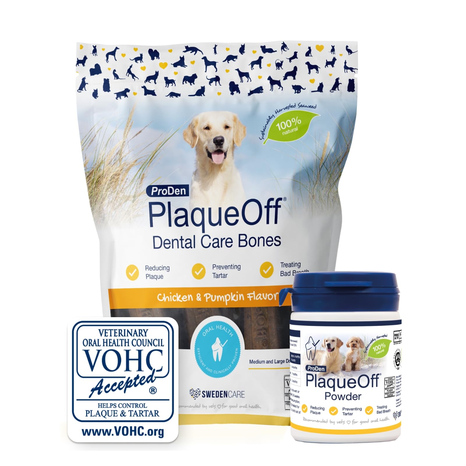 ProDen PlaqueOff Powder for Dogs & Cats, Tartar & Bad Breath Remover with 100% Natural Teeth Plaque Remover (60g Powder with Chicken Bones - Bundles)