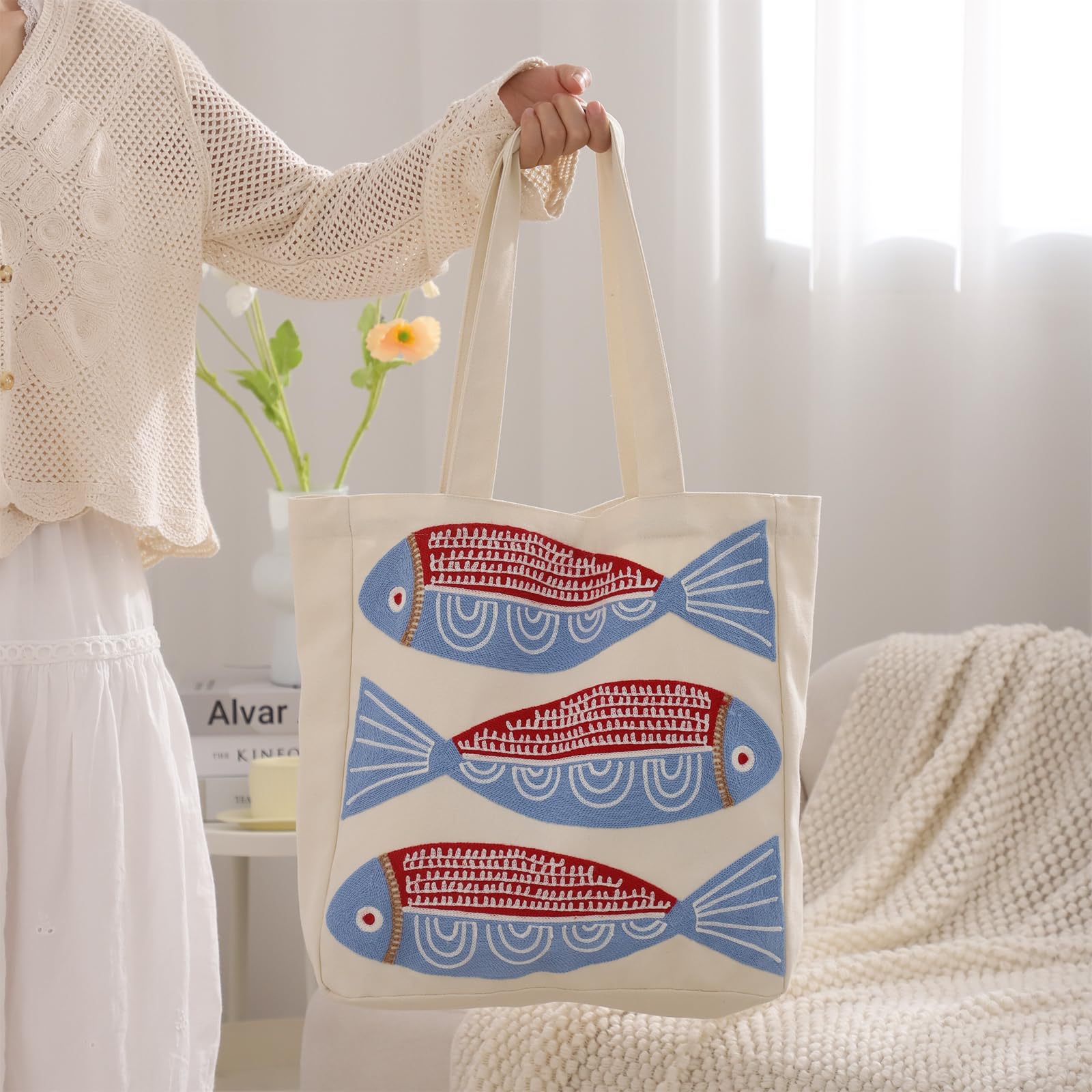 Ozean Stickerei Frauen Tasche Sommer Leinwand Strandtasche Wiederverwendbare Einkaufstasche Einkaufsbuch