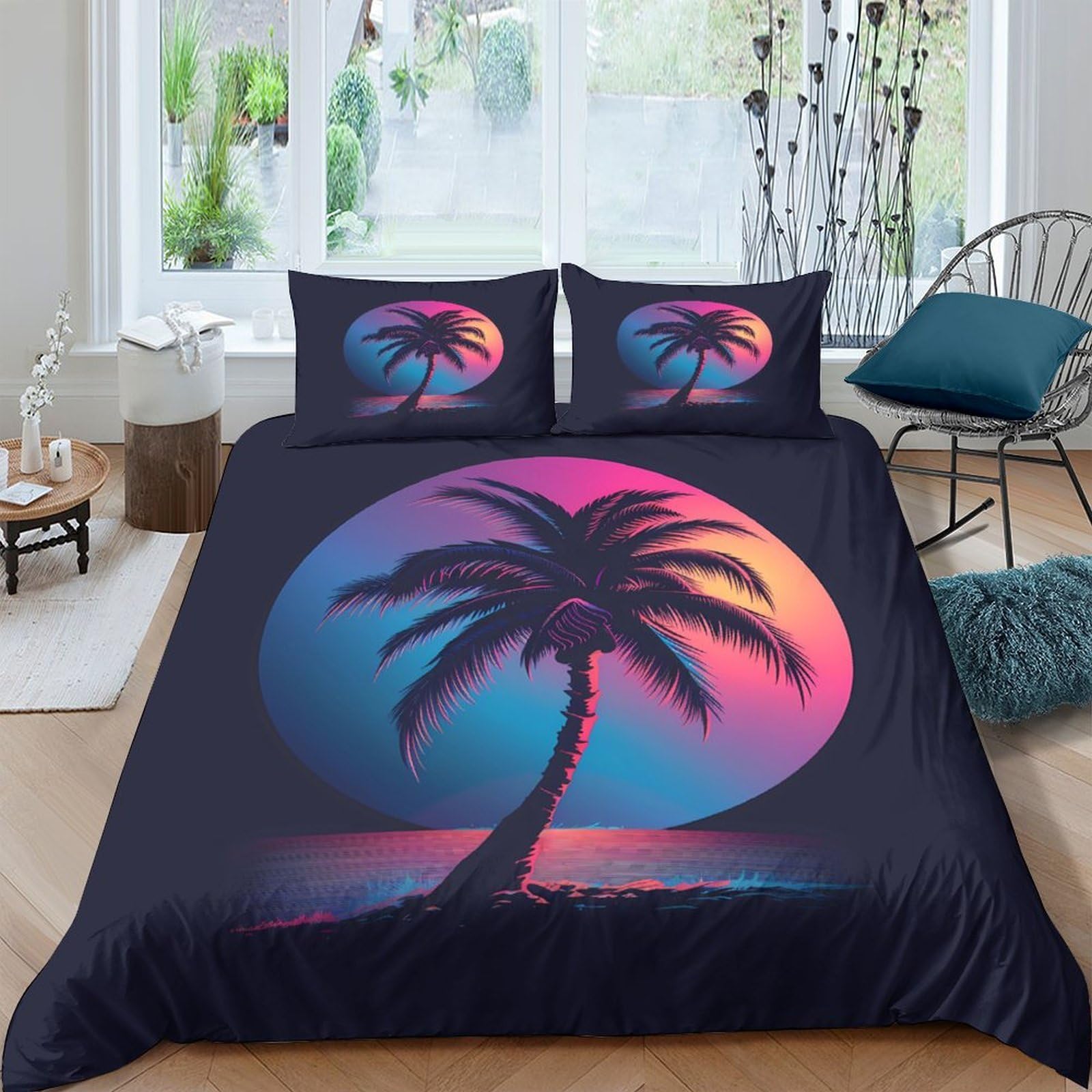 Ctjqhvkz Style-1 3D Printed Sunset Palm Fitted Sheet Microfiber Soft Breathable Beach Night Mattress Cover For Bedroom Dorm Décor Single（135X200cm）