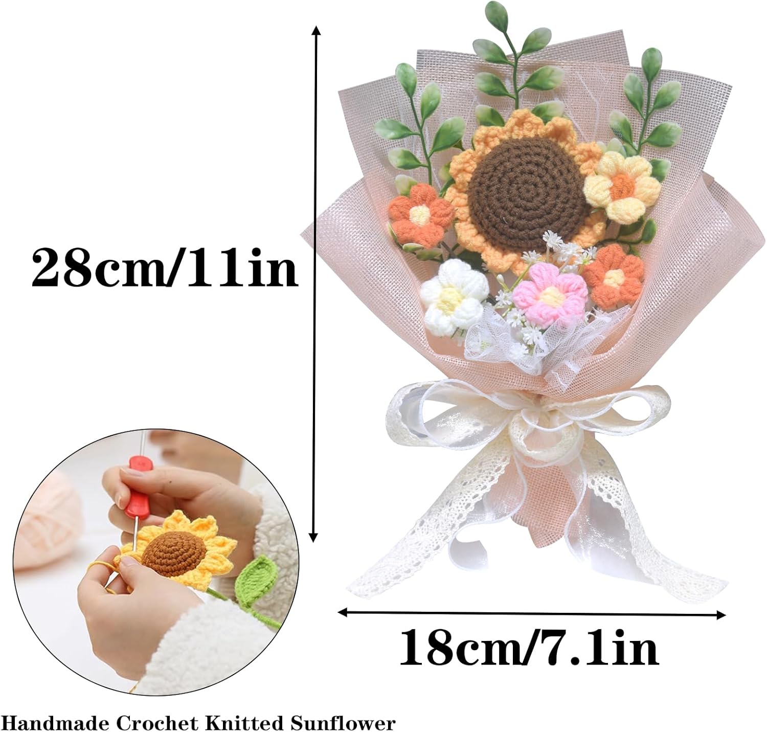 Crochet Flower Bouquet, Knitted Flowers, Completed Crochet Sunflower Daisy Flowers for Graduation Gifts Birthday Home Decor (Pink) - Image 2