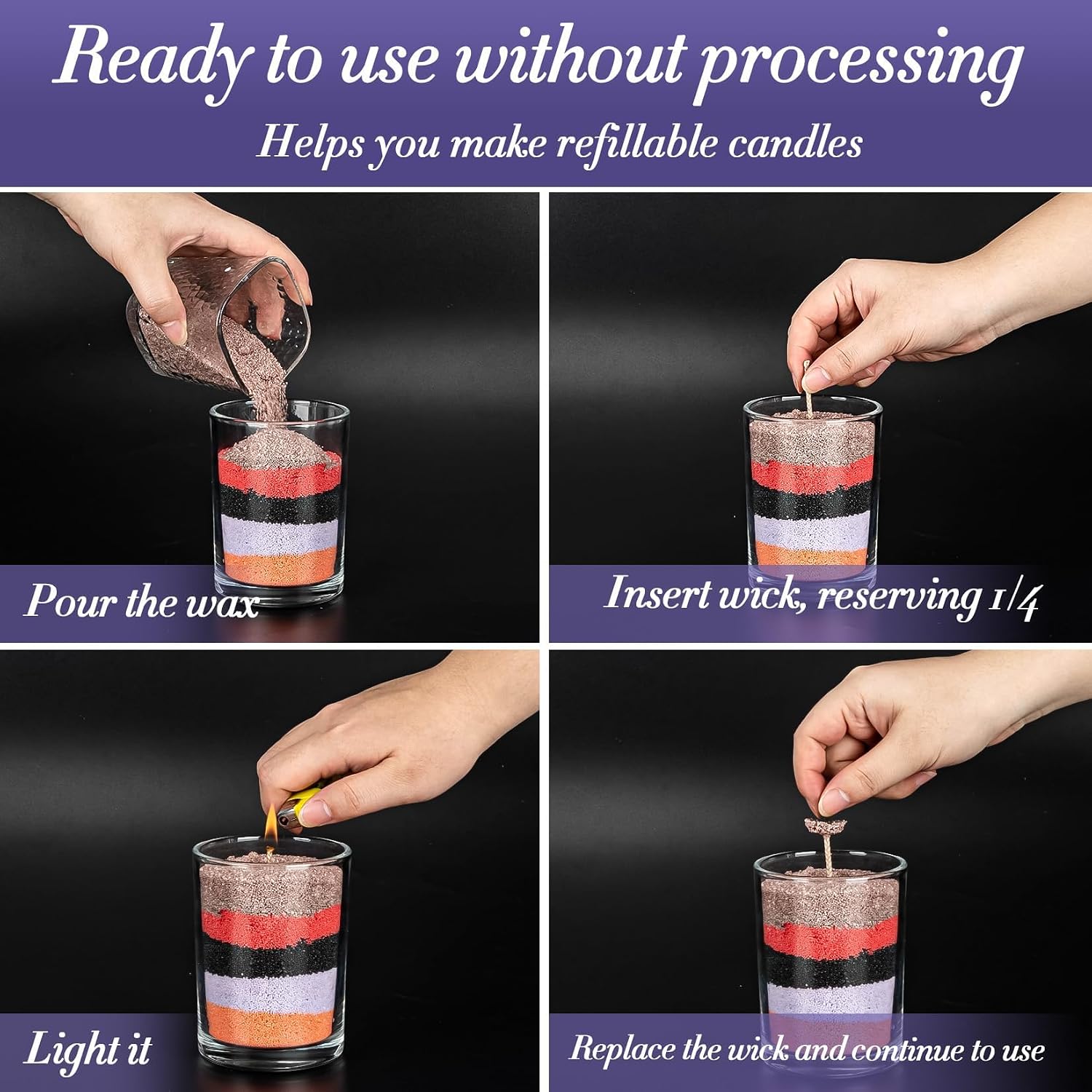 Sukh Candle Sand and Wicks - 430G(0.94lb) Sand Candles with Wicks Purple, Orange, Black, Red, Brown Refillable Candle for Weddings, Parties