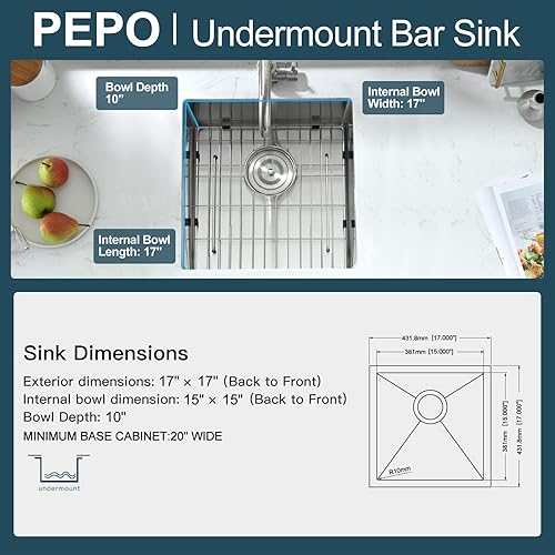 Miniatura 30 de PEPO - Fregadero de cocina de 21 x 18 pulgadas, fregadero de cocina pequeño de acero inoxidable de calibre 16, fregadero de cocina pequeño cuadrado