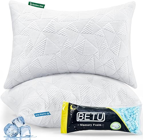 BETU Juego de 2 almohadas refrescantes de tamaño Queen, almohadas frescas de espuma viscoelástica triturada para personas que duermen con calor,