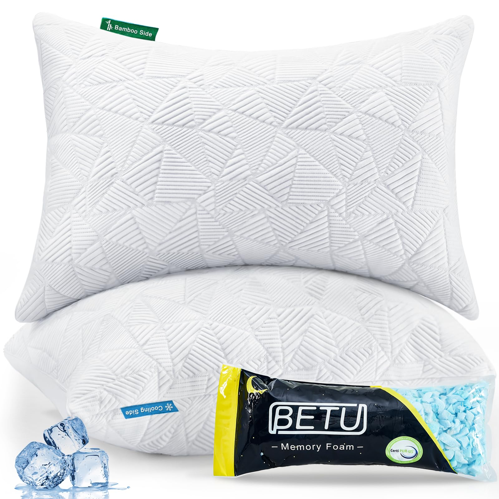 BETU Cooling Pillows Standard Size Set of 2, Shredded Memory Foam Pillows for Hot Sleepers, Adjustable Firm Bed Pillows, Hotel Collection Side Sleeper Pillow for Back Pain, Neck, White