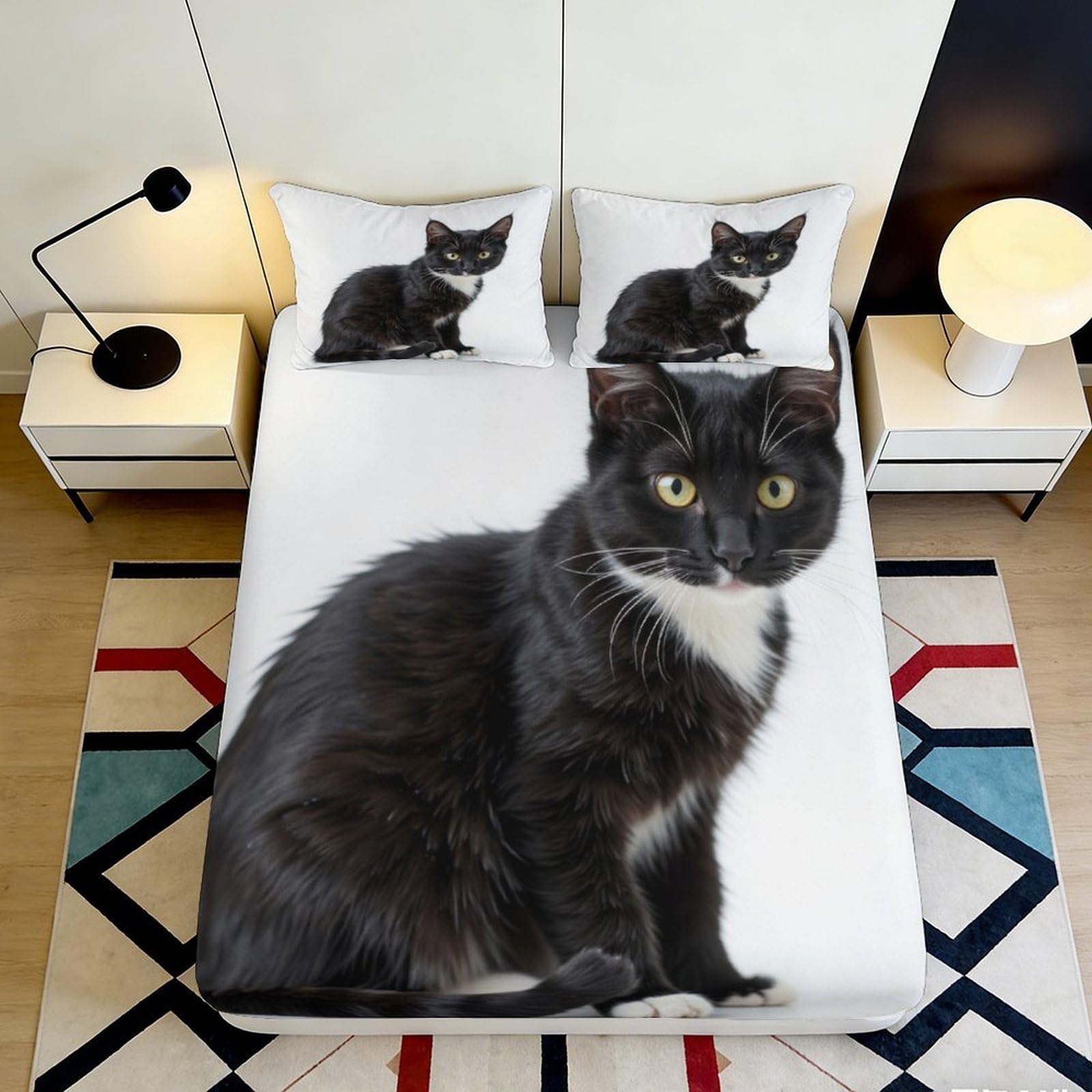 3D Printed black cat fitted sheet, soft touch microfiber, wrinkle resistant, home decor piece, bed cover for guest room, apartment bedding 140x200x25cm
