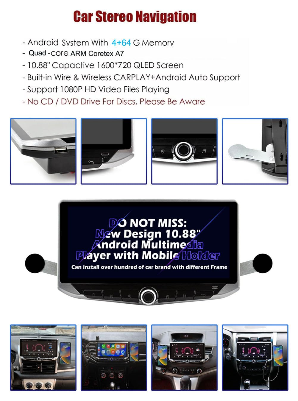 10,9 Zoll QLED Android Auto Multimedia Stereo für Toyota RAV4 2013-2018 Head Unit Radio GPS Navi WIFI BT Carplay SWC Telefonhalter Typ C Aufladen