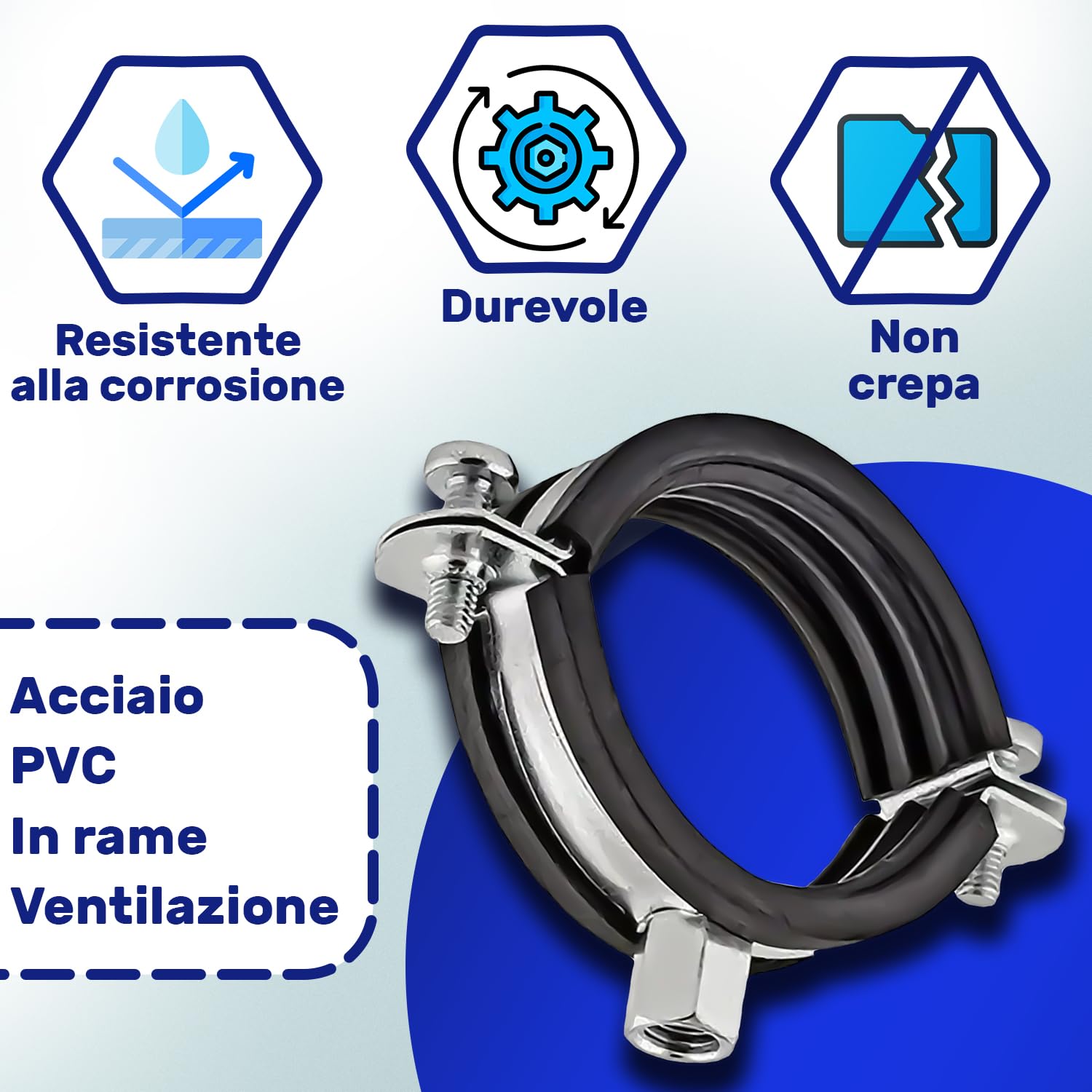 Rinforzato Fascette Metalliche M8/M10 con Guarnizione in Gomma e con Diametro di Ø60 mm o di 2" - Garanzia di 10 Anni - MONTERAL
