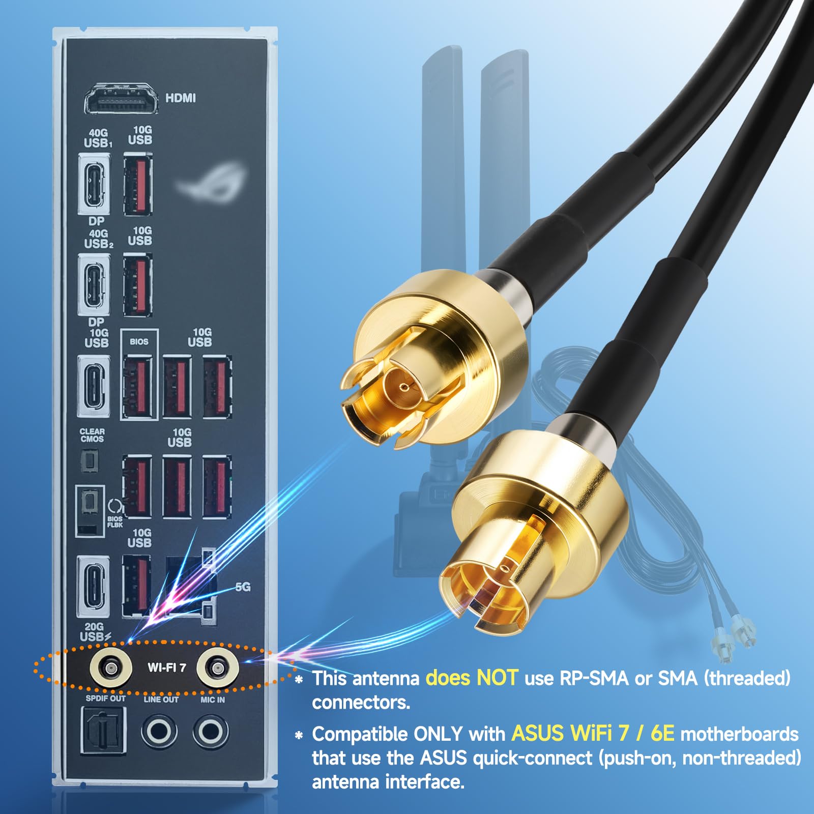 Eightwood Antenne de carte mère de jeu WiFi 7 avec base magnétique compatible avec ASUS ROG Strix X870E-E/B850-I, TUF Gaming B850-PLUS/ X870-PLUS, ProArt X870E-CREATOR, ROG Crosshair X870E Hero