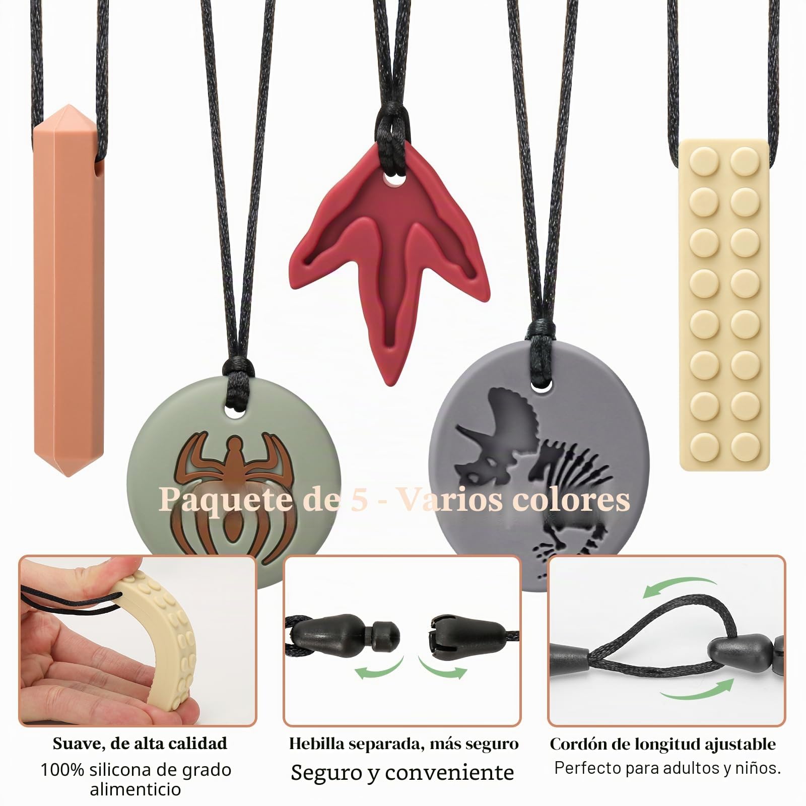 CLDY Collar sensorial masticable para autismo y TDAH, paquete de 5 juguetes masticables de silicona de gradoalimenticio para nifios, mordedor motor oral sin BPA paranifios y nifias
