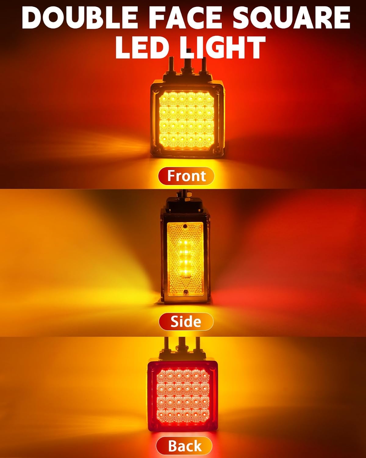 2PCS Amber/Red Square Double Face 60 LED Turn Signal Lights with 3 Stud Mount - Waterproof Pedestal Fender Lights for Heavy Truck Trailer Freightliner Peterbilt Kenworth Mack Western Star
