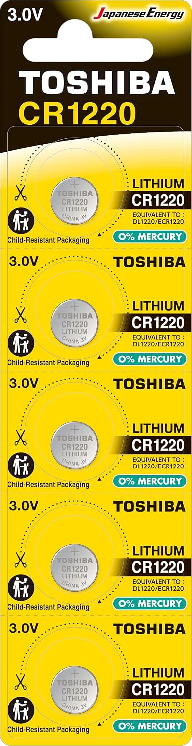 TOSHIBA CR1220 3V Lithium Coin Cell Battery 5 Batteries in Strip Child-Resistant Packaging