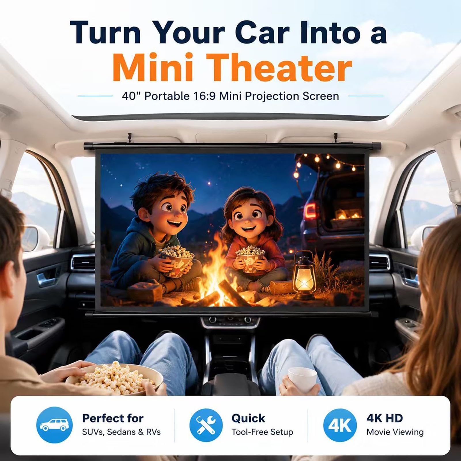 Mini Schermo di Proiezione Manuale Retrattile per Auto e SUV, Schermo Portatile per Proiettore Formato Ridotto 16:9, 4K HD, Ideale per Auto, Viaggi e Campeggio