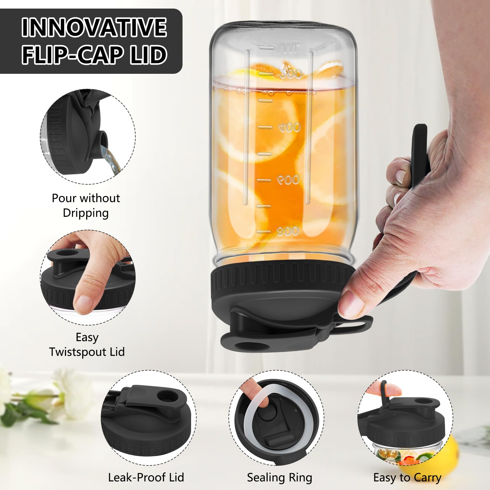 Jarra de boca ancha, jarra de agua de vidrio de 32 onzas con tapa, doble mango a prueba de fugas, ideal para jugos, leche materna, recipiente de almacenamiento de cocina