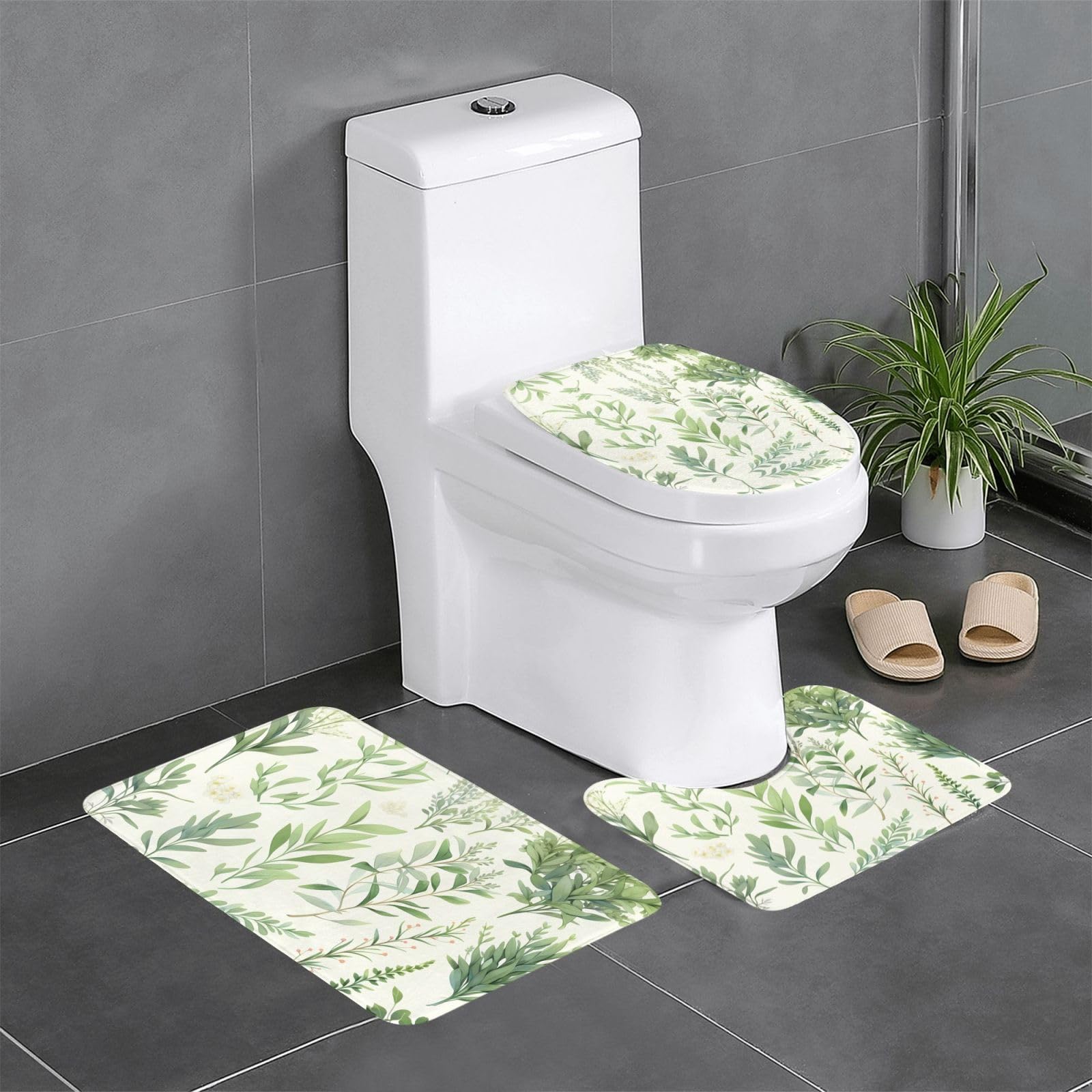 Tapis de salle de bain antidérapants : lot de 3 pièces anti-glisse motif feuilles vertes pour WC