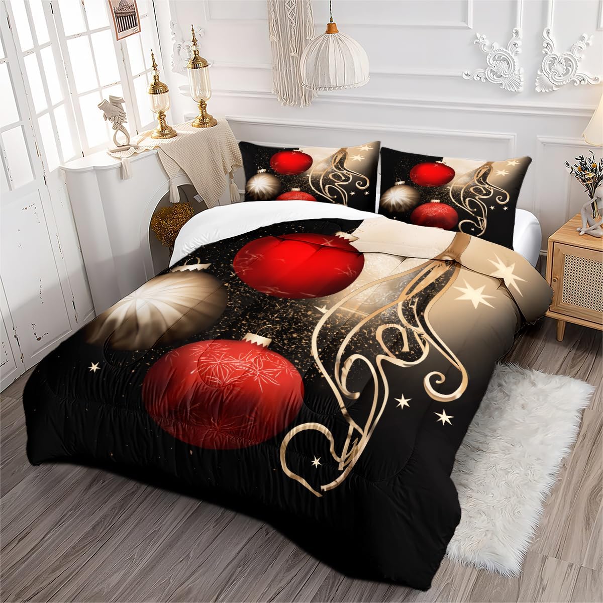 Christmas Comforter Set King Size, Black Gold Bedding Set for Adult,Merry Christmas Festival Comforter,3Pices Soft Microfiber Comforter with 2 Pillowcases