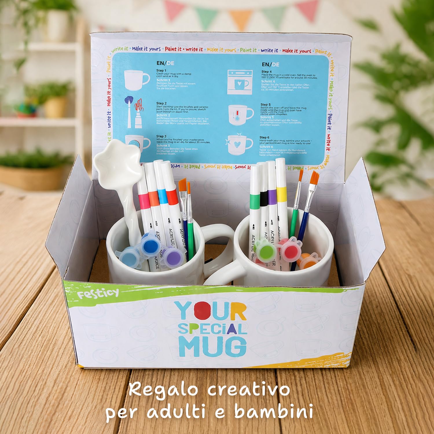 Festicy Set per Dipingere Tazze in Ceramica I 2 Tazze da 200 ml con 12 Colori, 8 Pennarelli e 4 Pennelli I Kit Creativo Adulti e Bambina I Idee Regalo Fai da Te I Hobby Creativi per Casa