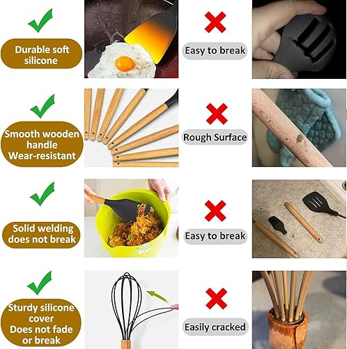 Miniatura 3 de Juego de utensilios de cocina, 29 piezas antiadherentes de silicona para cocina, juego de espátula con soporte, mango de madera, resistente al