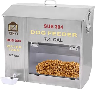 Xinyi Stainless Steel Dog Feeder and Waterer 2-in-1, Gravity Dog Feeder, Aluminum Alloy Water Cup, Automatic Feeder Waterpoof and Sturdy, Transparent Acrylic Observation Window, 7.4 Gallon