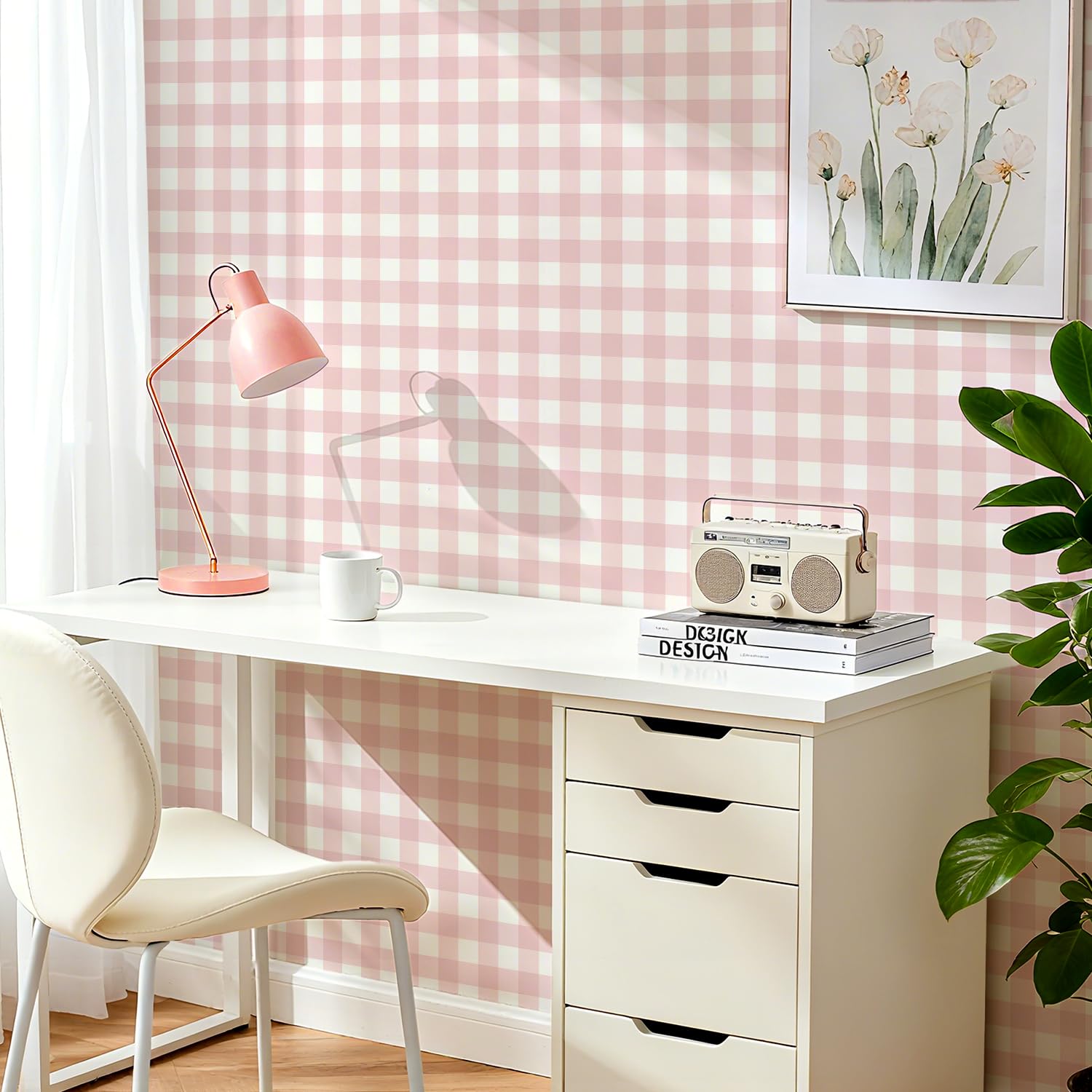 Papel tapiz a cuadros de 17.7 x 393 pulgadas, papel de contacto a cuadros rosa, papel de pared a cuadros, papel de pared autoadhesivo de vinilo extraíble para dormitorio, guardería, sala