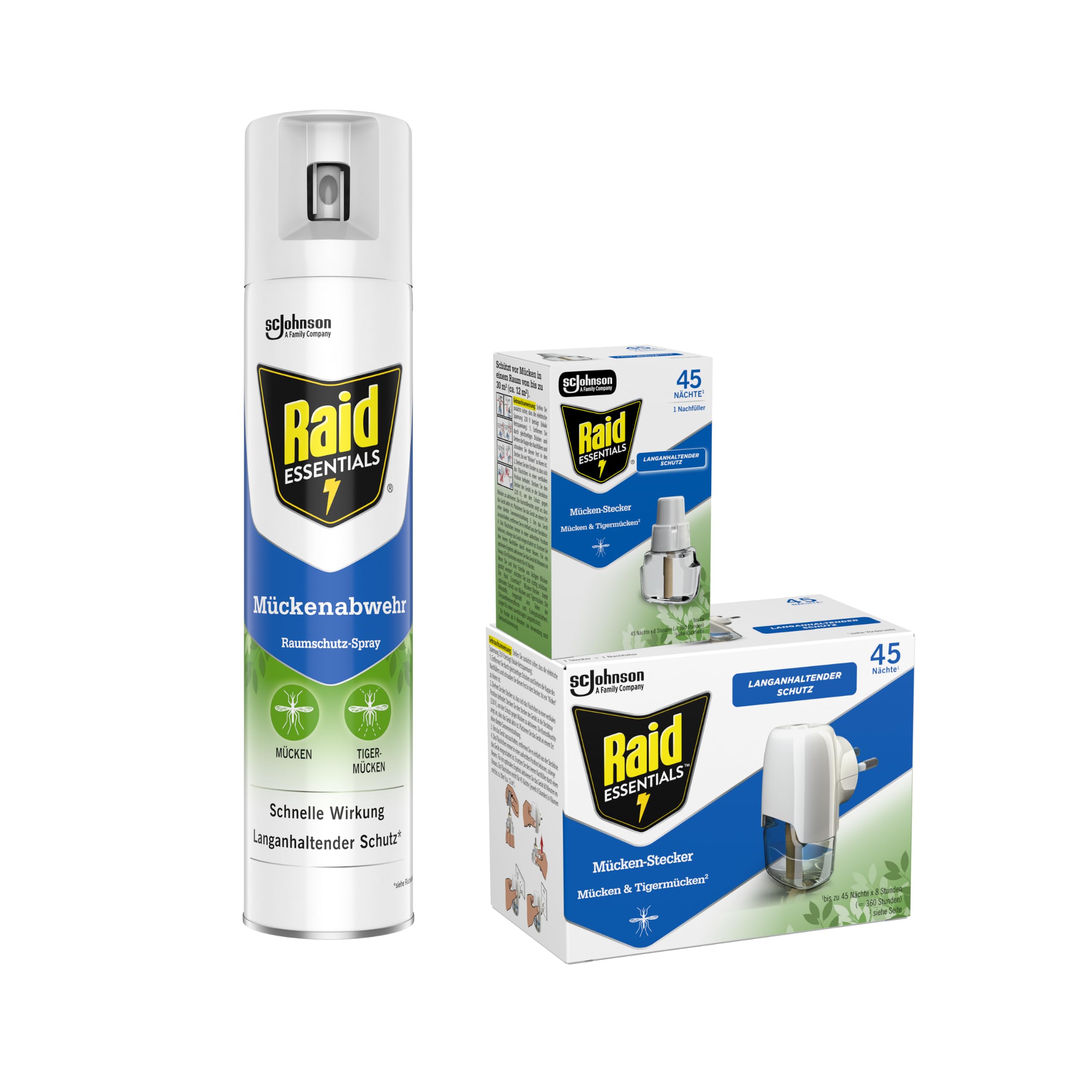 Raid Essentials Trio-Bundle gegen Mücken für Innenräume, inkl. Mückenabwehr- Spray (300 ml), Mückenstecker 45 Nächte und Nachfüller (2 x 32 ml) Garten
