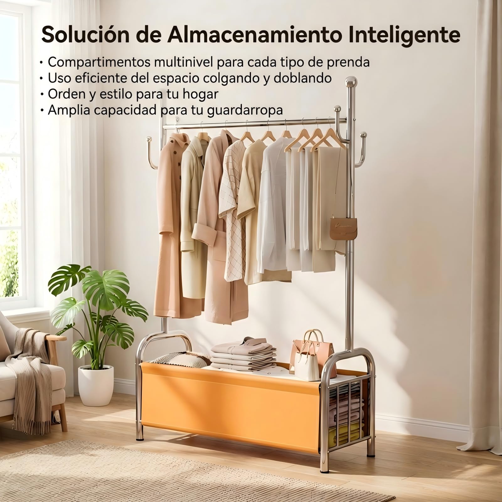 Burro Ropa Resistente de Acero Inoxidable con Cesta de Almacenaje, Perchero Burro Estable, Perchero de Pie, Barra para Ropa Robusta, 3 en 1 Tendedero y Organizador