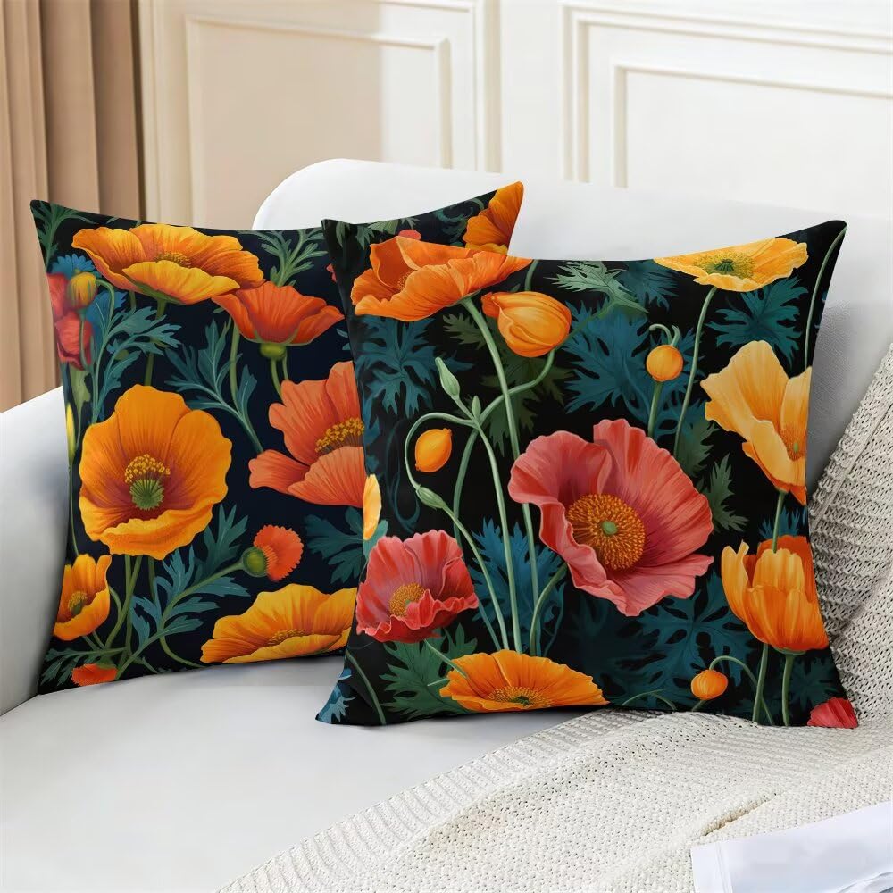 Federe Cuscini Divano 60x60 cm Federe Morbido Copricuscini Primavera in Velluto, 2 Pezzi Copri Cuscini per Divano Fiori Decorativi Federa Cuscino Papavero per Camera da Letto Soggiorno (IU189)