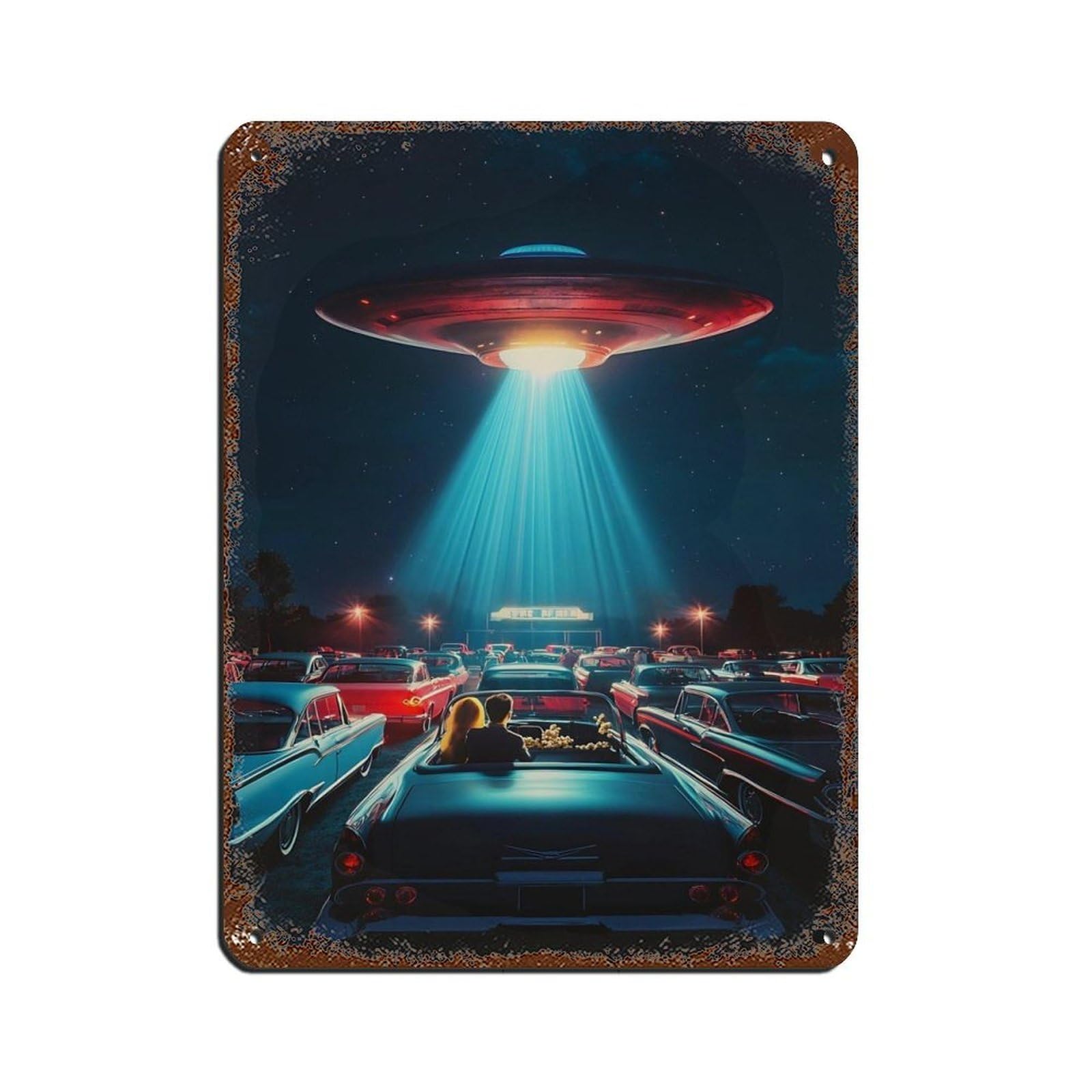 Retro Sci Fi, Alien Spaceship Scene Retro Poster Metal Tin Sign Chic Art Retro Iron Painting Bar People Cave Cafe Family Garage Poster Wall Decoration 12x16inch(30x40cm)
