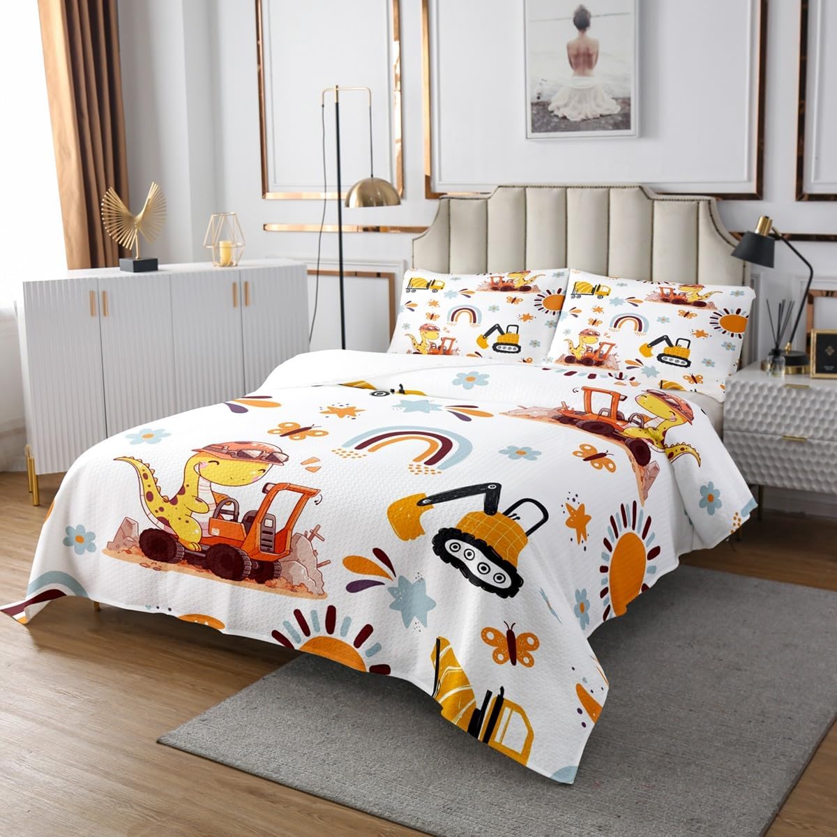 3 Piece Kids Excavator Quilt Bedding Set Women Aldult Lightweight Bedding Dinosaur and Car Bedspread Set Cartoon Animals Bedspread Coverlet Soft Microfiber Home Quilt Set for King Bed All Season
