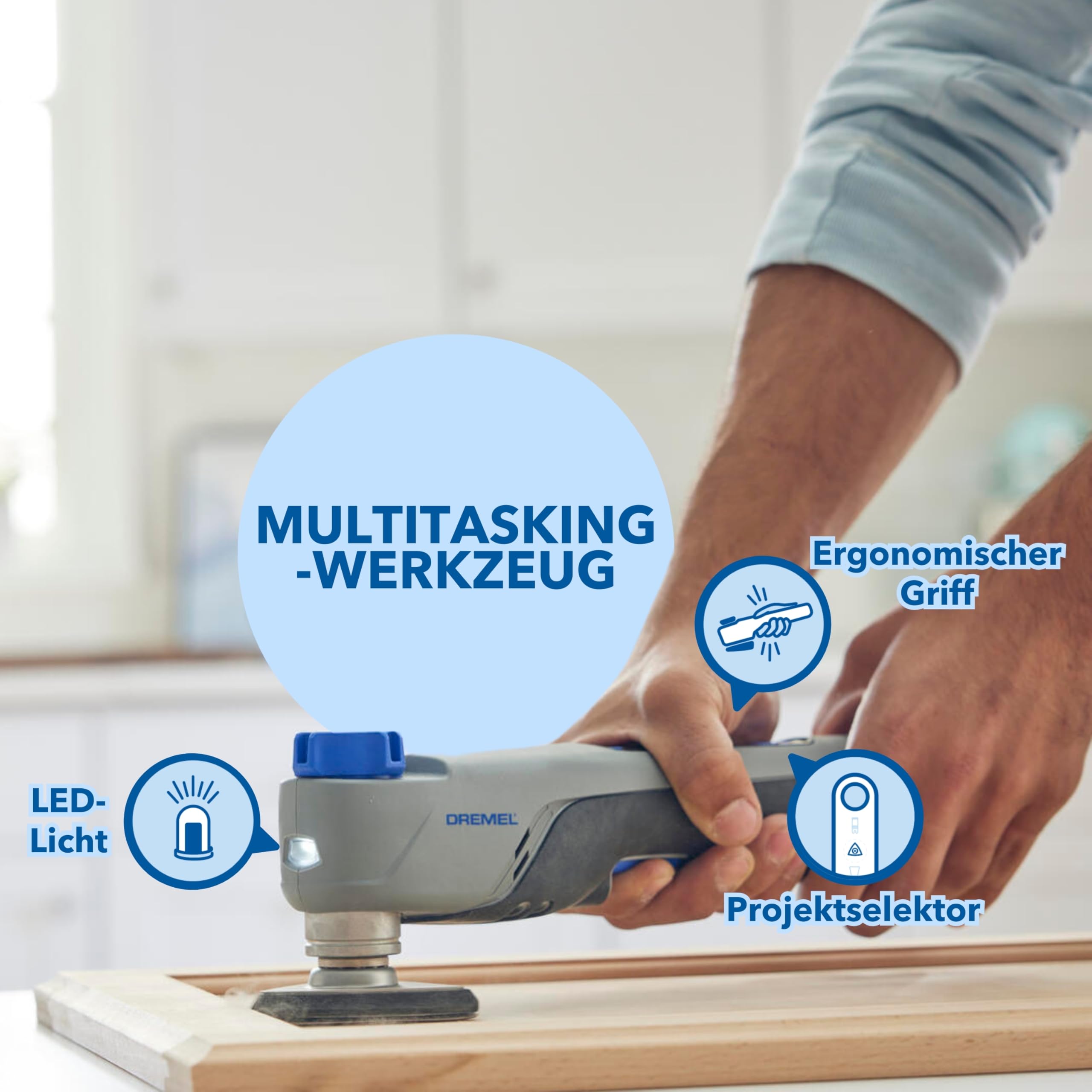 Dremel Blueprint 12V Bürstenloses Oszillierendes Multifunktionswerkzeug mit Anwendungsauswahl und variabler Geschwindigkeit (mit Schneid-und Schabklinge, 6 Schleifpapieren, Schleifpad, Ladegerät+Akku)