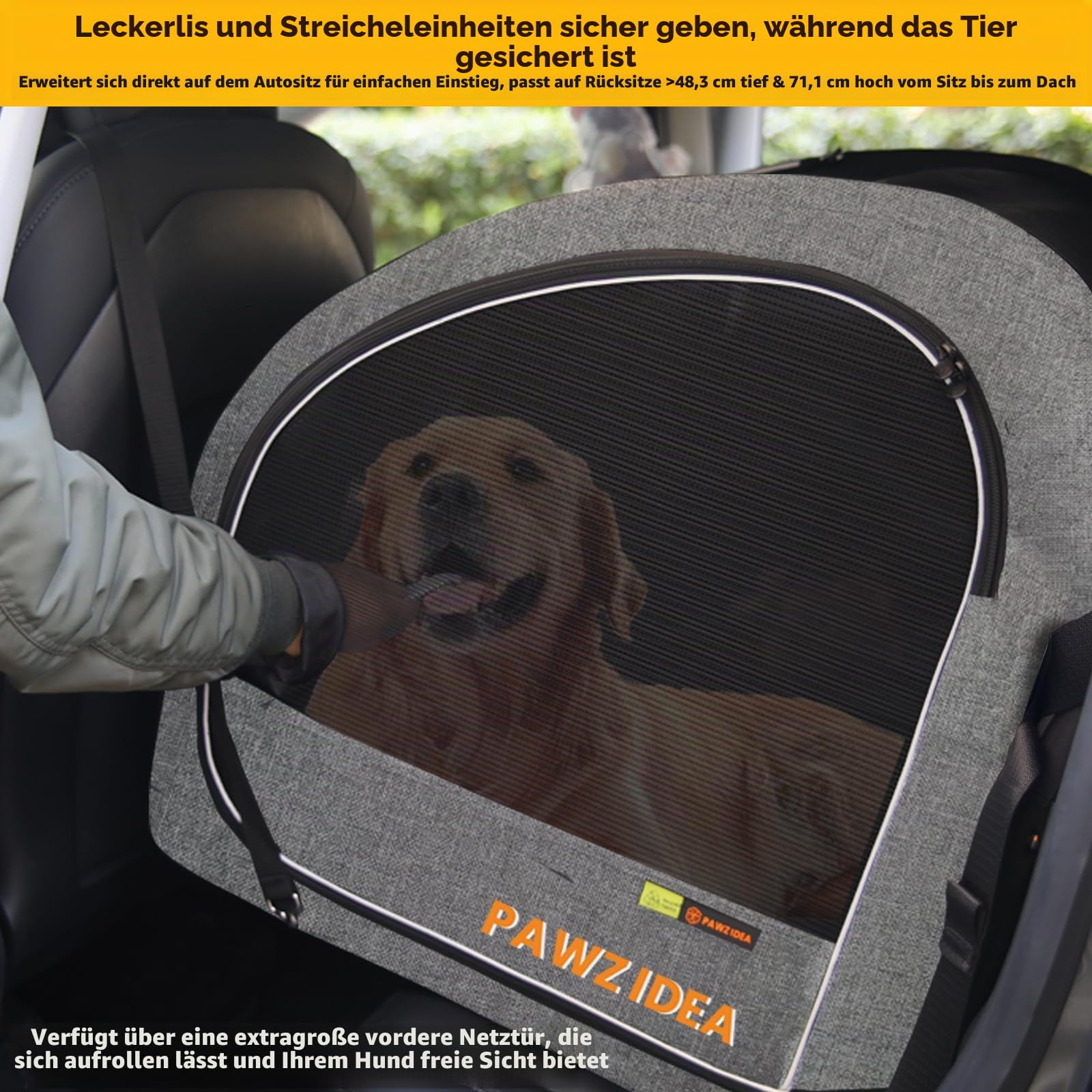 PAWZIDEA Tragbare Hundebox für Autoreisen, zusammenklappbare Haustier-Reiseboxen für mittelgroße und große Hunde, geschlossene weiche Seiten-Autohütte für den Rücksitz, sichert mit Sicherheitsgurt und