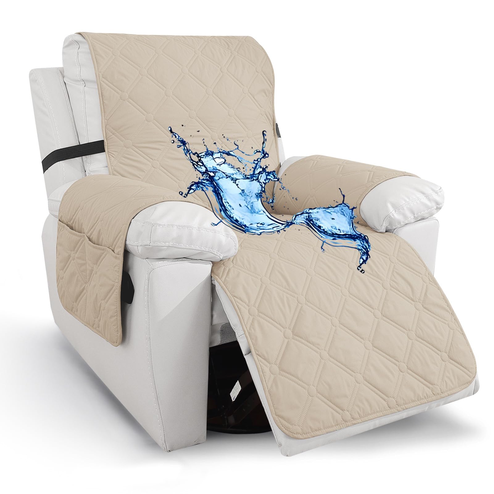 XHDZSW Waterproof Recliner Chair Cover, Non-Slip Recliner Armchair Cover with Elastic Straps & Side Pockets, Washable Recliner Slipcover Covers for Dogs Pet (Beige)