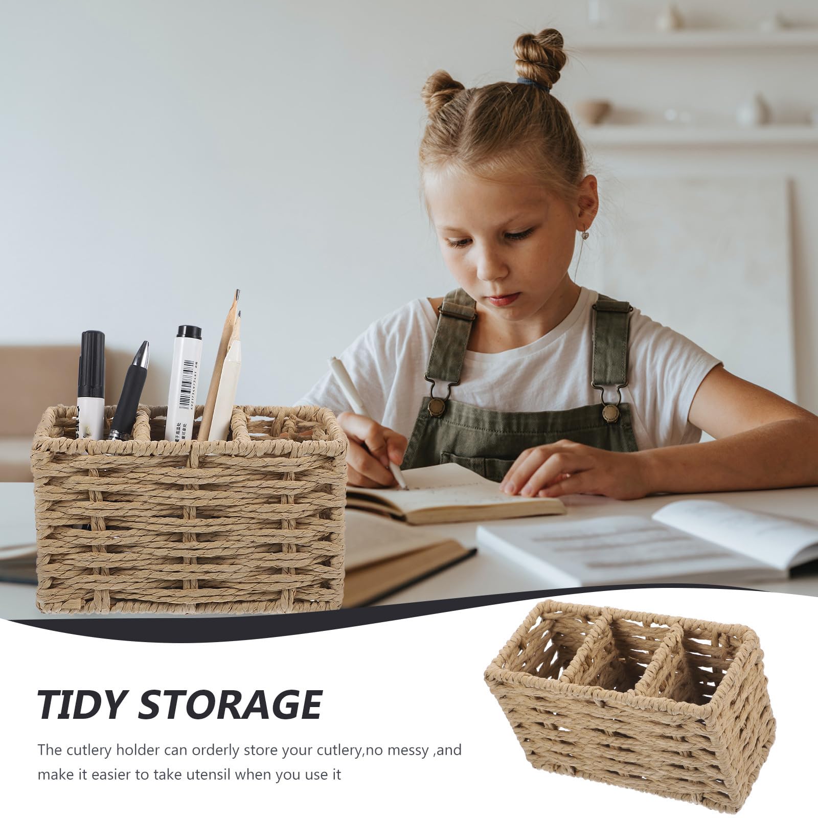 NUOBESTY Soporte Organizador para Cubiertos de Encimera de Papel Trenzado Beige Cesta Multiusos para Utensilios de Cocina y Escritorio Contenedor Compacto para Tenedores y Cucharas en