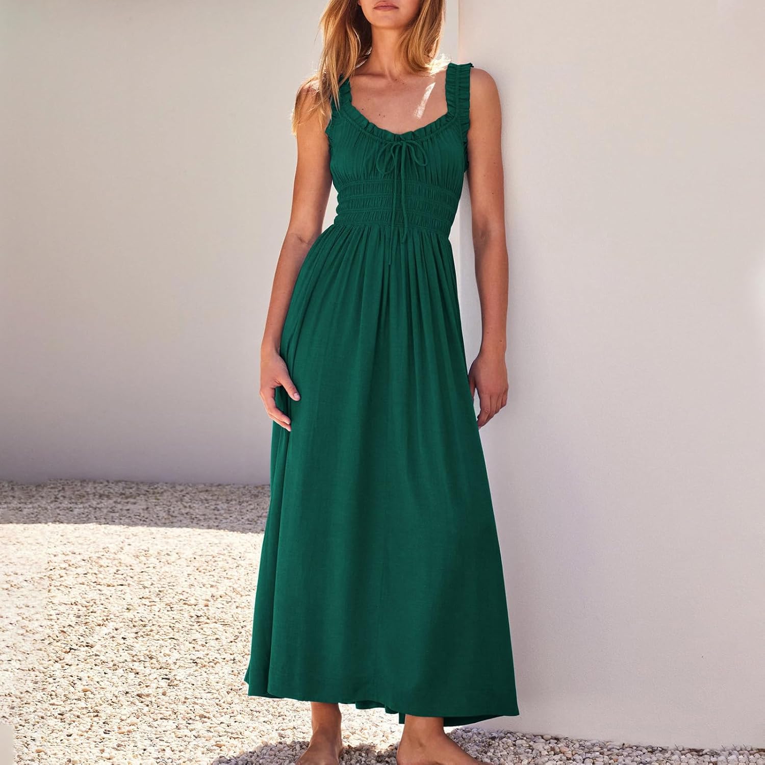 Womens Maxi Tank Dress Ruffle Pleated Sleeveless Tie Long Dress Casual High Waist Beach Dresses Loose Flowy Sundress