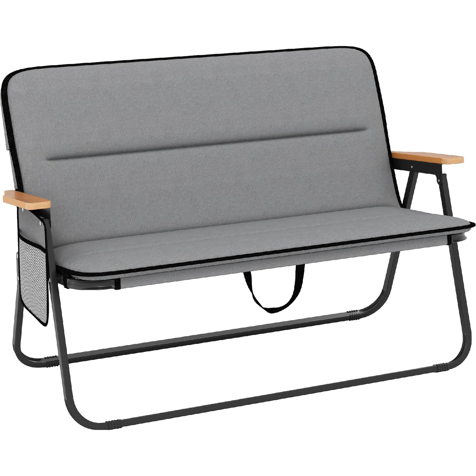 TANGZON 2 Seater Camping Chair, Double Folding Loveseat with Removable Cushion, Armrests, Side Pocket & Carry Straps, 300 kg Outdoor Large Padded Chair for Camping Picnic Fishing, Grey