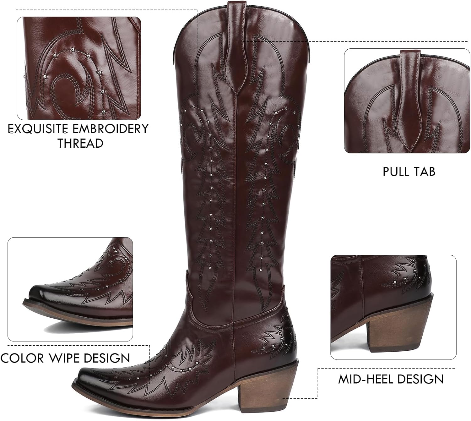 Meefit Embroidered Cowboy Boots for Women Knee High Cowgirl Western Boots,Square Snip Toe Country Boot Tall Shoes