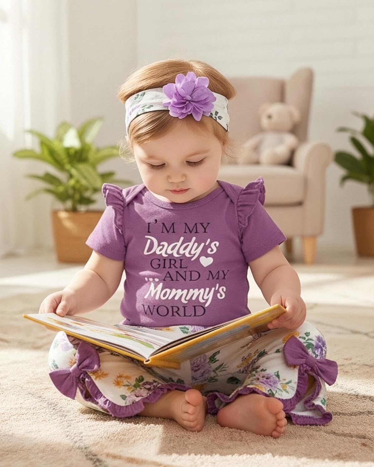 SUNNY PIGGY Newborn Baby Girl Clothes Infant Outfits Romper Floral Fall Outfit Bell Bottoms Pant Sets Hat Headband Flowerpant - Image 2