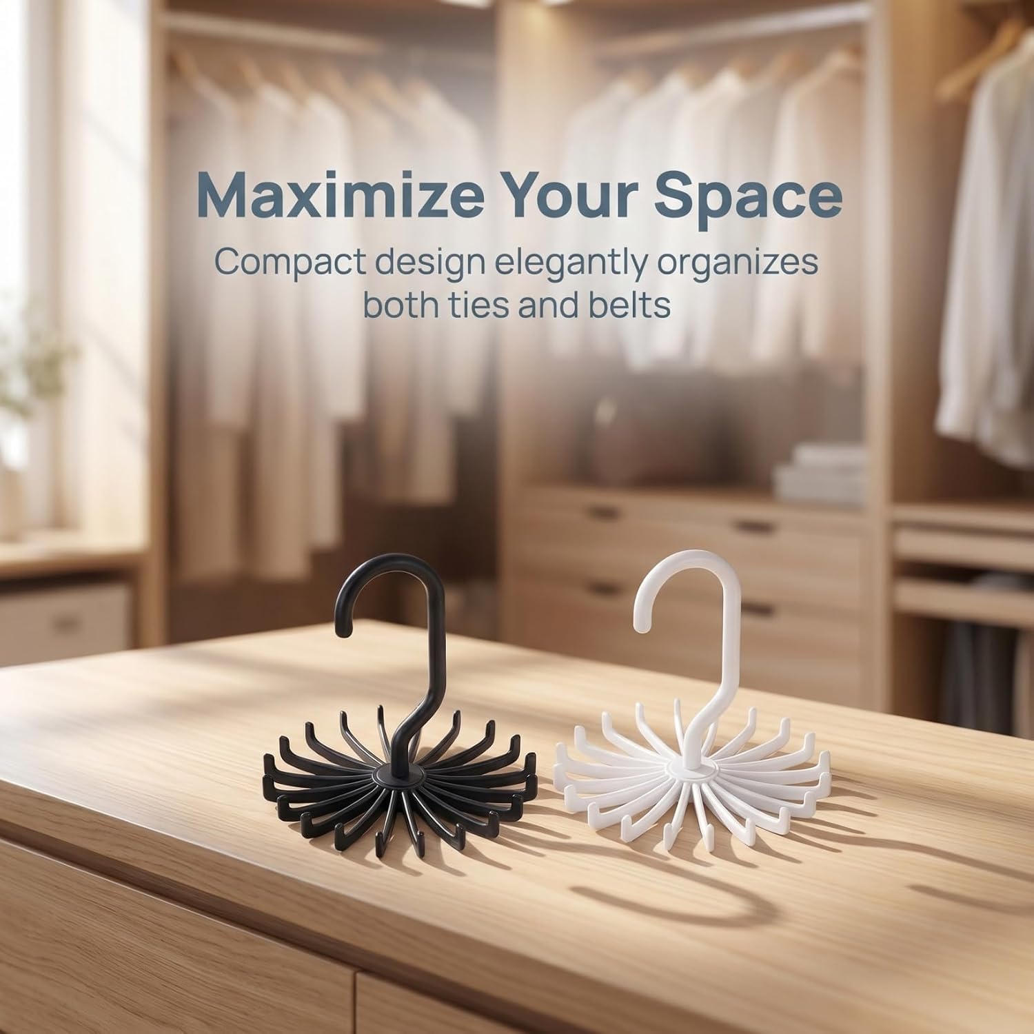 SOLUSTRE Rotating Tie Rack Belt Hanger Closet Organizer for Tie Storage and Scarves Hanging Wardrobe Storage Solution with Multiple Hooks Holds up to 20 Ties 4-Pack