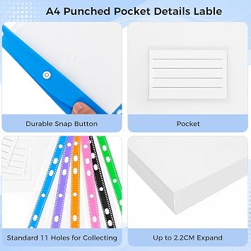 SdreMelo16Pack Punched Pockets A4 Expandable Punched Folders 8 Colors A4 Plastic Wallets Folders11 Holes Plastic Punched Documents Folder File Wallets with Lable Pocket Snap Button (16Pack-Vertical)