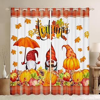Manfei Fall Gnomes Window Curtains Pumpkins Sunflower Maple Leaves Window Drapes for Kids Boys Girls, Autumn Harvest Window Treatments Grommet Top 2 Panel Set Bedroom Curtains, 52Wx90L inch
