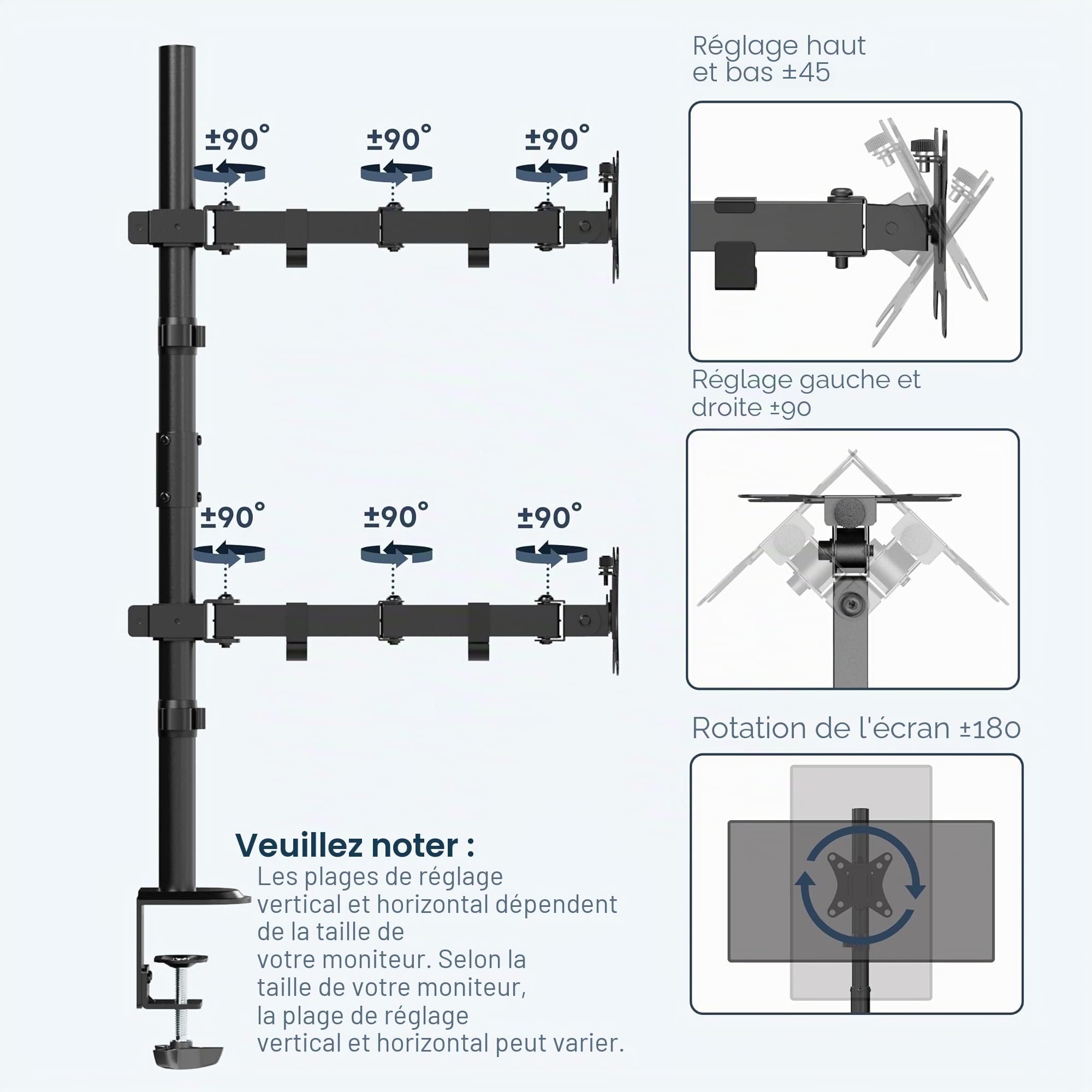 WORLDLIFT Bras de Moniteur Vertical Haut/Bas 2 écrans Double Poteau Long Horizontal Mobile Type Pince 32" Capacité de Charge 8KG