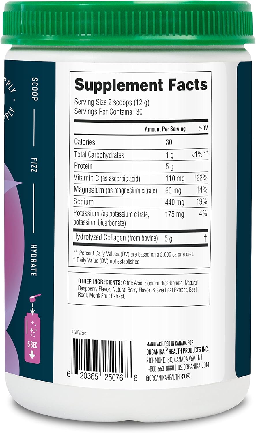 Organikа Electrolytes with Enhanced Collagen Powder for Women & Men - 13 oz - Wild Berry-Flavored Effervescent Electrolyte & Collagen Drink Mix - Deep Hydration, Mobility, Skin, Hair, & Nails