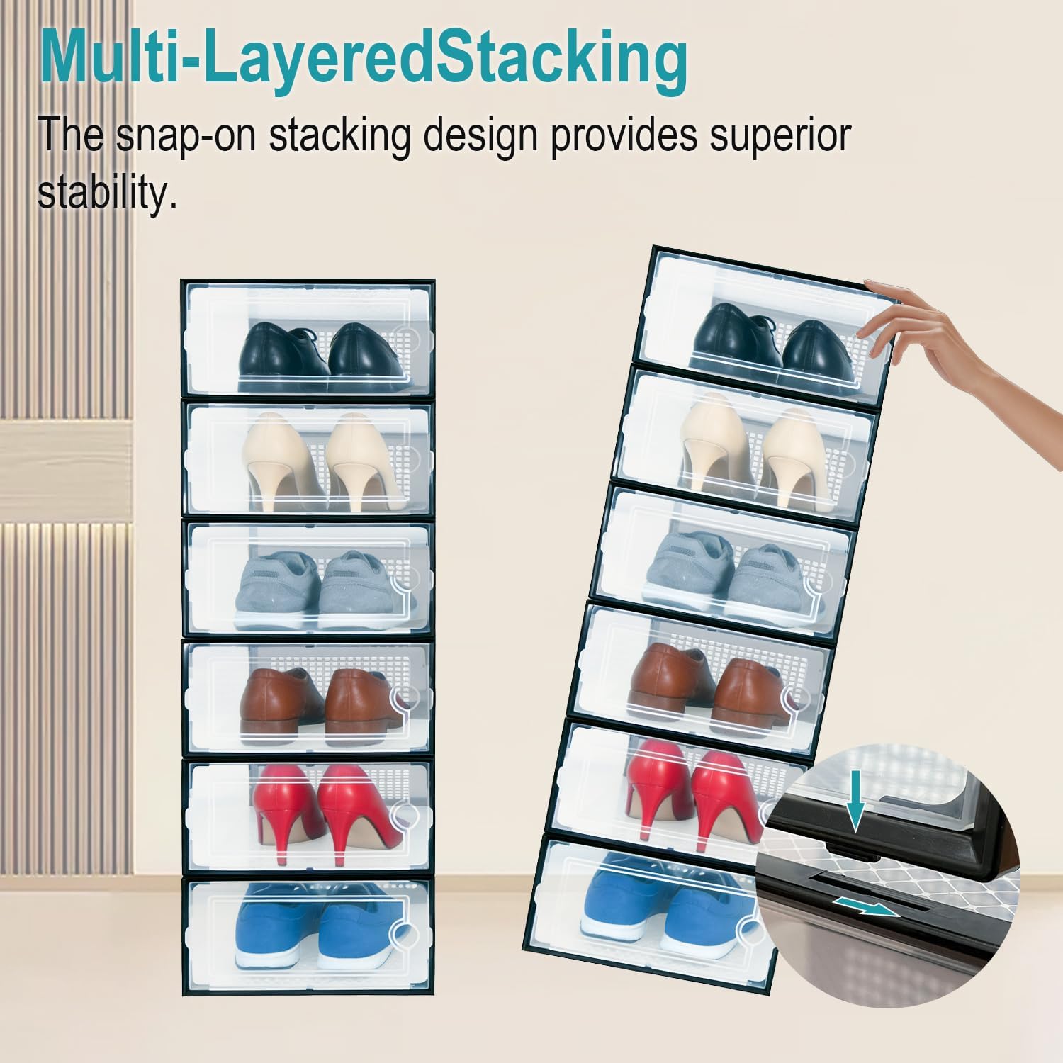 12 Pack Shoe Storage Boxes, Clear Plastic Stackable Shoe Organizer for Closet, Foldable Shoe Rack with Lids for Entryway, Closet, Under Bed, Black (13.2 x 9.8 x 6.7inches)