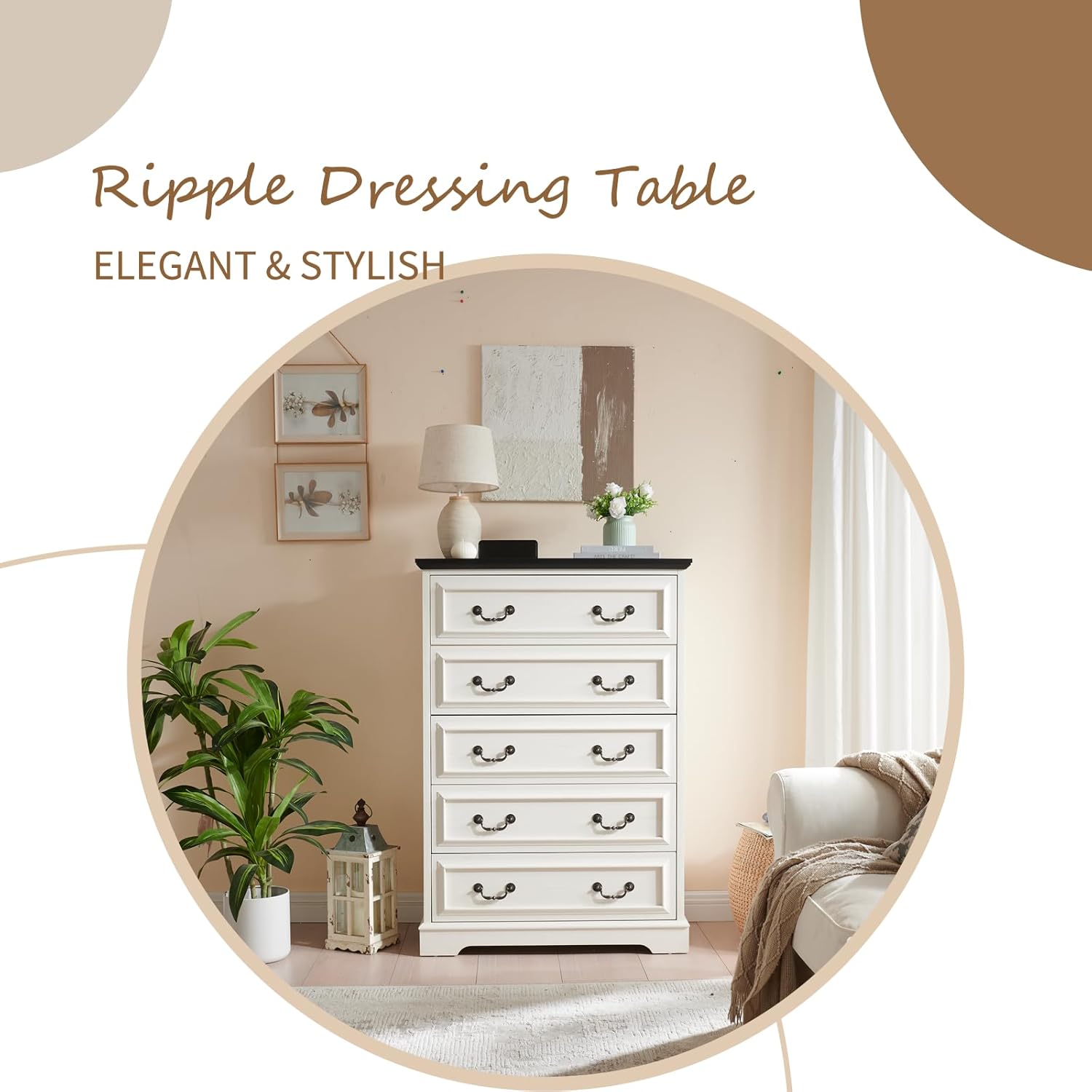 Farmhouse 5 Drawers Dresser for Bedroom, 46" Tall Modern Chest of Drawers with Metal Handle, Rustic Dresser TV Stand, Wood Drawer Organizer for Bedroom, Living Room, Hallway (White) - Image 3